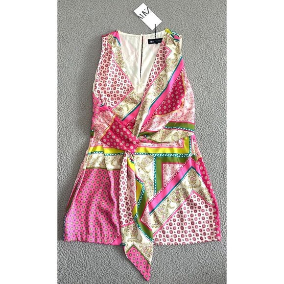 Zara Patchwork Print Scarf Pink Green Mini Deep V - Picture 3 of 16